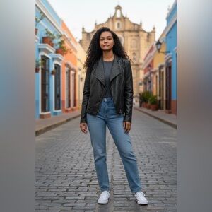 Kate & Mallory Black Faux Leather Drape Front Jacket – Size XL